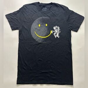 Black T-Shirt with Smiley Moon and Astronaut Graphic